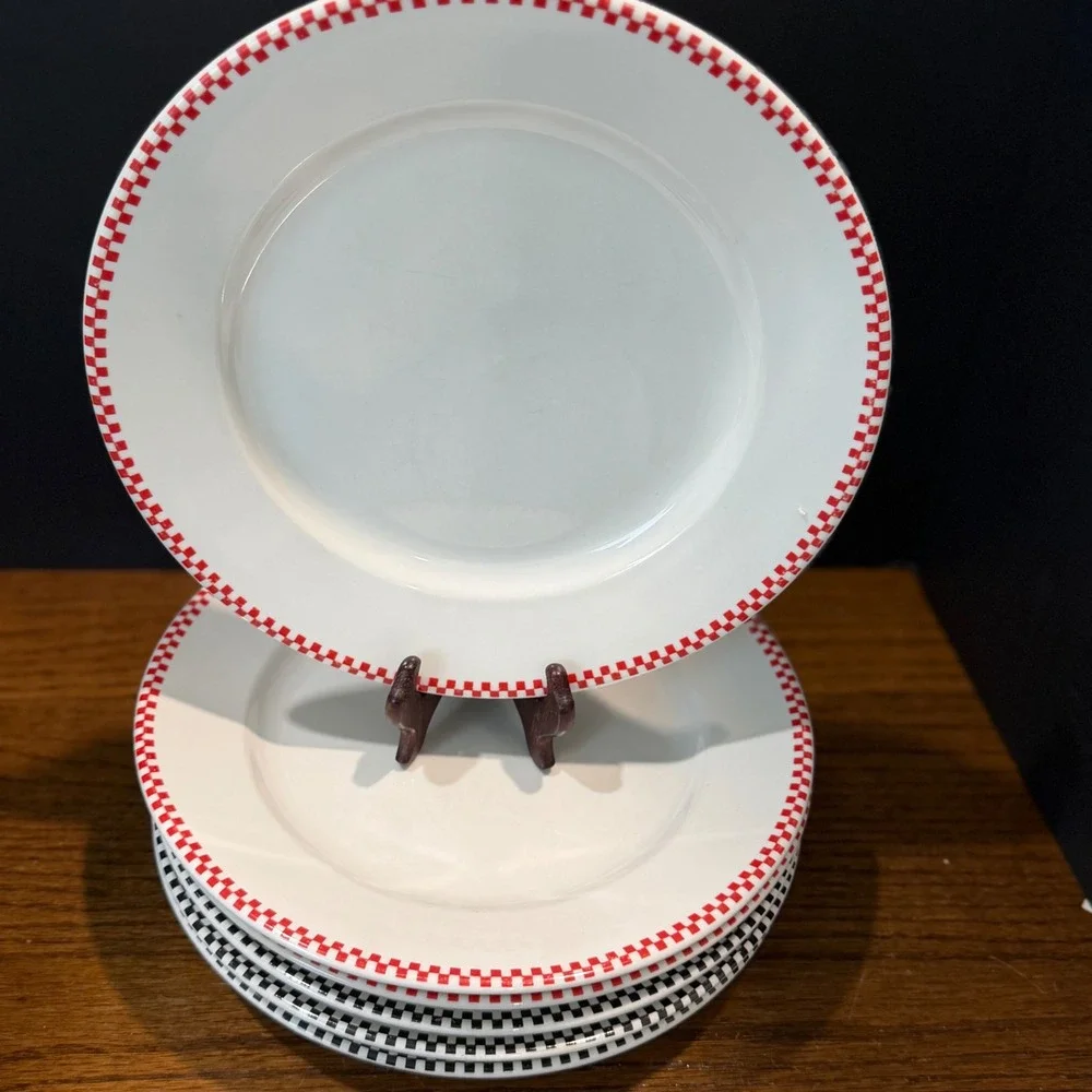 Oneida Crown Rego Checkered Dinner‎ Plates  Red Black Diner Retro 6pc